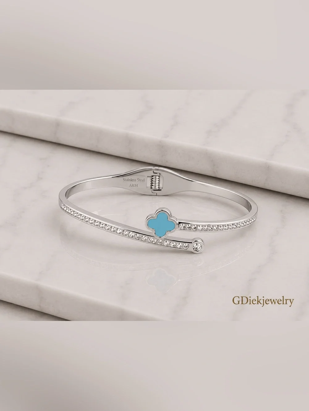 Stainless Steel Silver Bracelet with Turquoise Clover Accent
